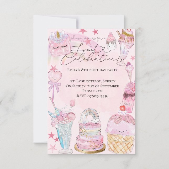 Invitación Dulce celebración cumpleaños de la Chica acuarela (Anverso)