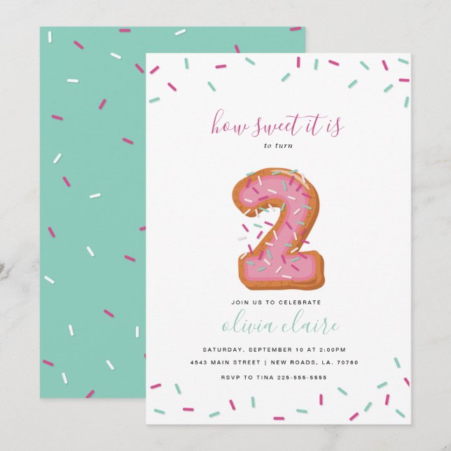 Invitación Dulce celebración de cumpleaños | Dos (Anverso / Reverso)