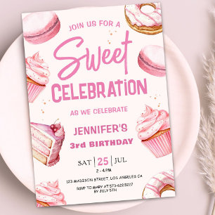Invitación Dulce celebración Donuts Chica Rosado Tercer cumpl