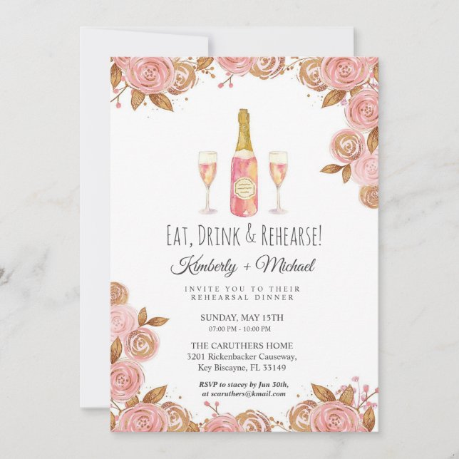 Invitación Dulce cena de ensayo de fiesta floral rosa de melo (Anverso)