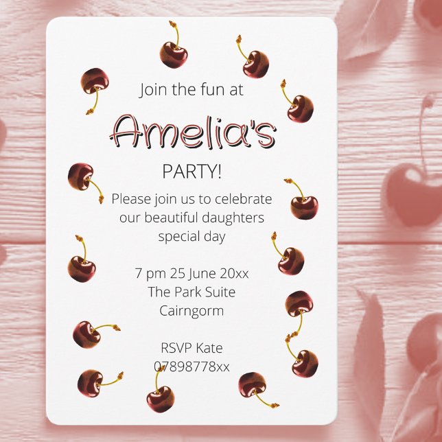 Invitación Dulce cereza fiesta de cumpleaños personalizada (Cherry coded party invites.)
