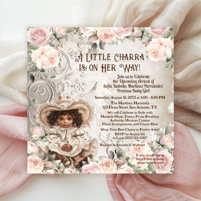 Invitación Dulce Charra Baby Shower  (Adorable Charra baby shower invitations with pretty pink roses.)
