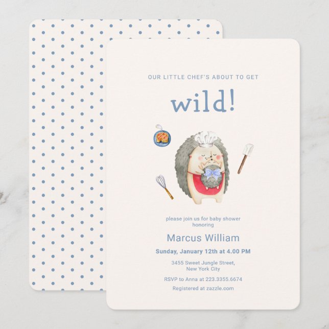 Invitación Dulce Chef Salvaje Fiesta de Bebé Erizo Bosque  (Anverso / Reverso)