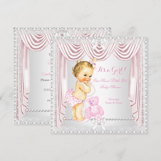 Invitación Dulce Chica Baby Shower Bebé satinado rosado (Anverso / Reverso)