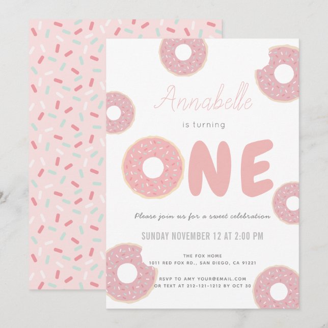 Invitación Dulce Chica de Donut Rosado Primer cumpleaños (Anverso / Reverso)