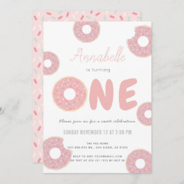 Invitación Dulce Chica de Donut Rosado Primer cumpleaños