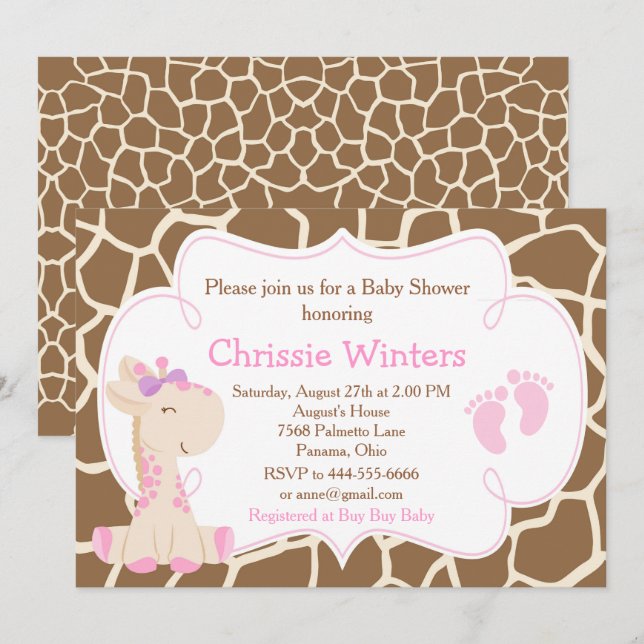 Invitación Dulce chica jirafa rosa Baby Shower (Anverso / Reverso)