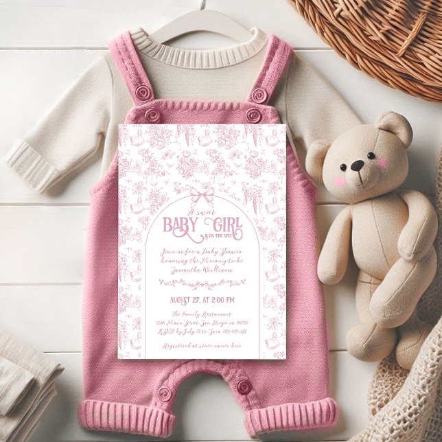 Invitación Dulce Chica Rosa Bow Whimsical Floral Baby Shower (Subido por el creador)