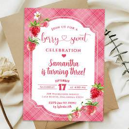 Invitación Dulce Chica Rosa Fresa Tercer cumpleaños