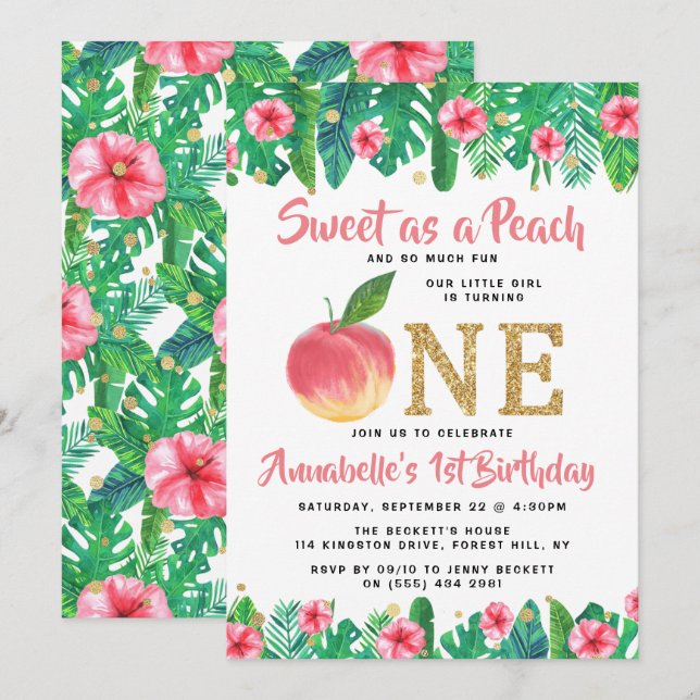 Invitación Dulce Chicas de Peach 1º cumpleaños (Anverso / Reverso)