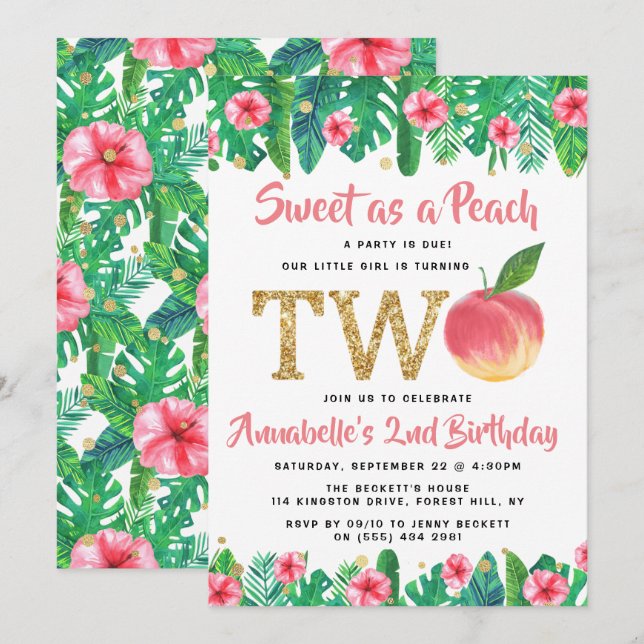 Invitación Dulce Chicas de Peach 2º cumpleaños (Anverso / Reverso)