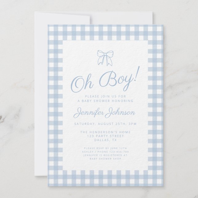 Invitación Dulce Chubby en Cuadros Azules para Baby Shower de (Anverso)