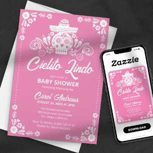 Invitación Dulce Cielito Cráneo de Azúcar Rosa Fiesta de Bebé