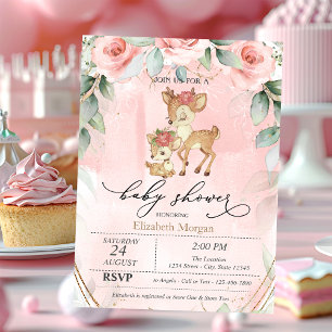 Invitación Dulce ciervo bebé rosas rosadas baby shower 