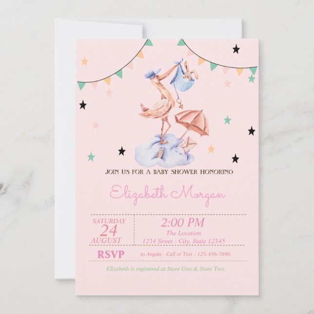 Invitación Dulce cigüeña Baby Shower de conejito  (Anverso)