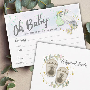 Invitación Dulce Cigüeña Baby Shower de Género Neutro para Re