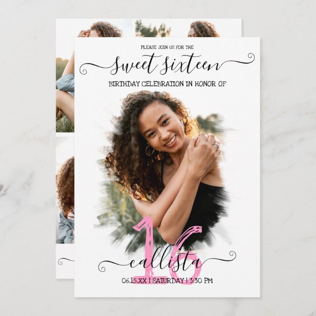 Invitación Dulce Collage de fotos de Halo Blanco Rosa Negro 1 (Anverso / Reverso)