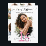 Invitación Dulce Collage de fotos de Halo Blanco Rosa Negro 1<br><div class="desc">Esta invitación a tomar fotos de la fiesta de cumpleaños de 16 años, dulce y bonito, es perfecta para el chica moderno y elegante. Presenta un sencillo halo de pincel blanco encima de una gran foto y una elegante tipografía de escritura cursiva en blanco y negro y rosa. En la...</div>