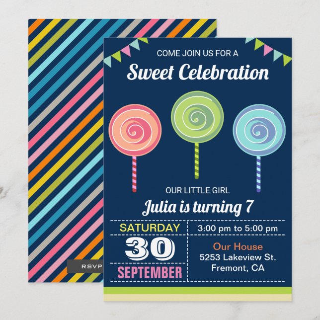 Invitación dulce colorida de la fiesta de (Anverso / Reverso)
