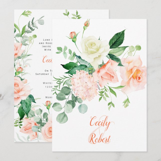 Invitación Dulce como Boda de los Rosas de melocotón (Anverso / Reverso)