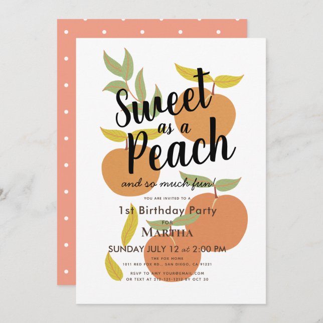 Invitación Dulce como Chica de Retro de Peach Primer Cumpleañ (Anverso / Reverso)