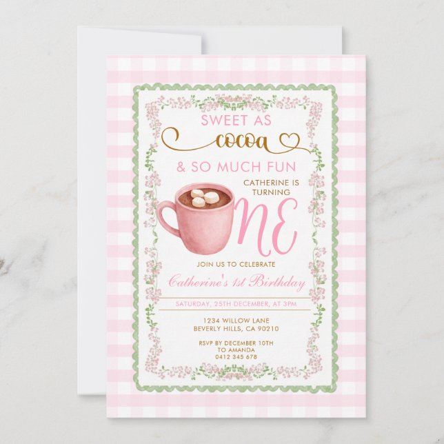 Invitación Dulce como Cocoa Pink Gingham Primera Cumpleaños  (Anverso)