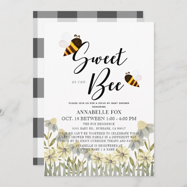 Invitación Dulce como lo puede hacer Bee Drive-by Baby Shower (Anverso / Reverso)