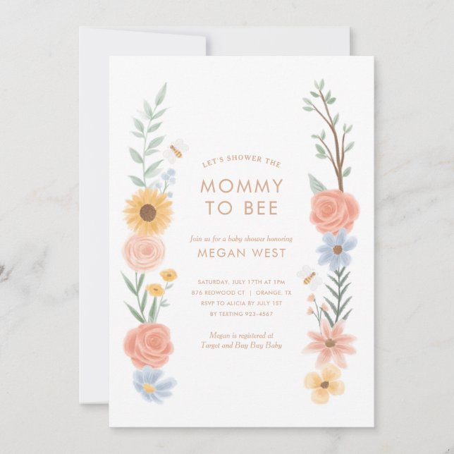 Invitación Dulce como puede ser Bee Floral Baby Shower (Anverso)