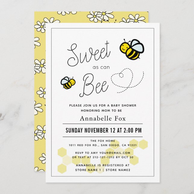 Invitación Dulce como puede ser el Baby Shower amarillo blanc (Anverso / Reverso)