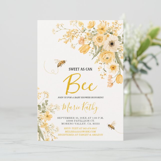 Invitación Dulce Como Puede Ser Flores Amarillas Fiesta de Be (Anverso de pie)