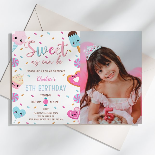 Invitación Dulce como puede ser torta dulce de caramelo sin f (Sweet as Can Be Candy Sweets Donut Ice Cream Cupcake Photo Birthday Invitation)