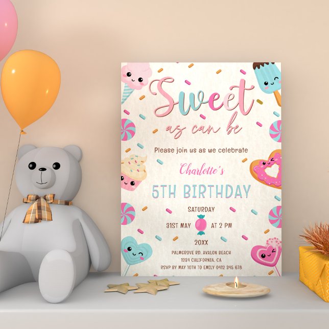 Invitación Dulce como puede ser torta dulce dulce dulce donut (Sweet as Can Be Candy Sweets Donut Ice Cream Cupcake Birthday Invitation)