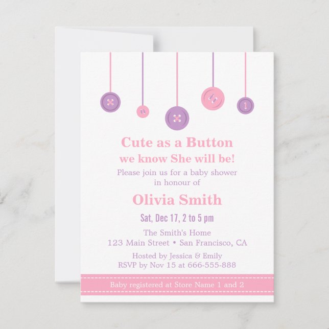 Invitación Dulce como un Botón Baby Shower Rosa y Morado (Anverso)