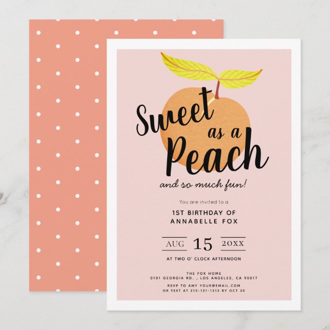 Invitación Dulce como un Chica de Cute de Peach Primer Cumple (Anverso / Reverso)