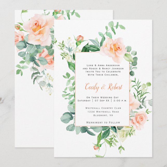 Invitación Dulce como un marco de rosas de acuarela de meloco (Anverso / Reverso)