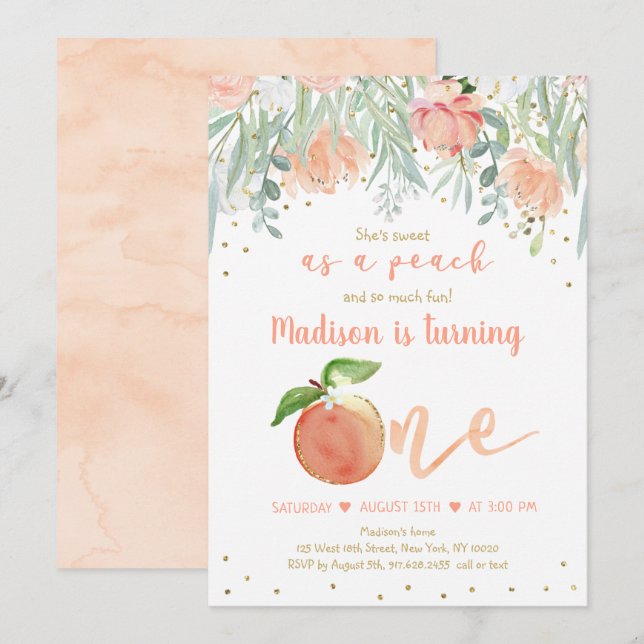 Invitación Dulce como un Oro Floral de Peach Primer Cumpleaño (Anverso / Reverso)