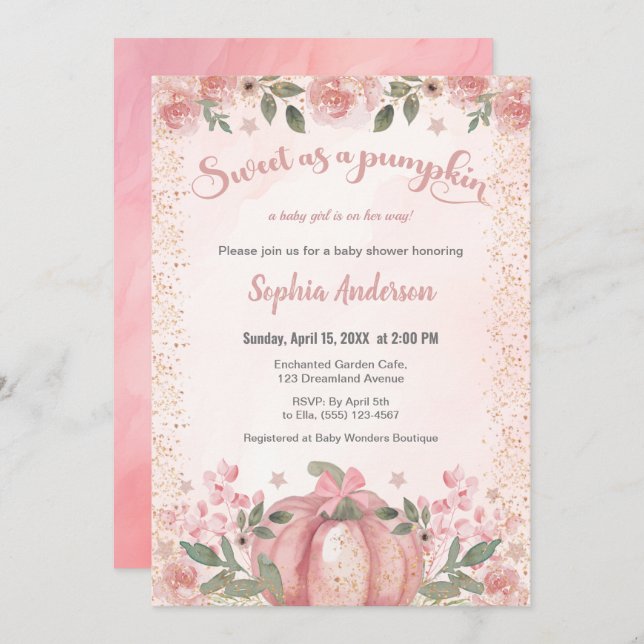 Invitación Dulce Como Una Calabaza Chica Floral Rosa Baby Sho (Anverso / Reverso)