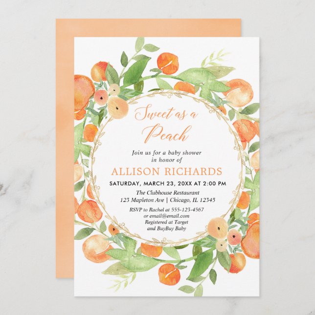 Invitación Dulce como una ducha de bebé chica de melocotón (Anverso / Reverso)