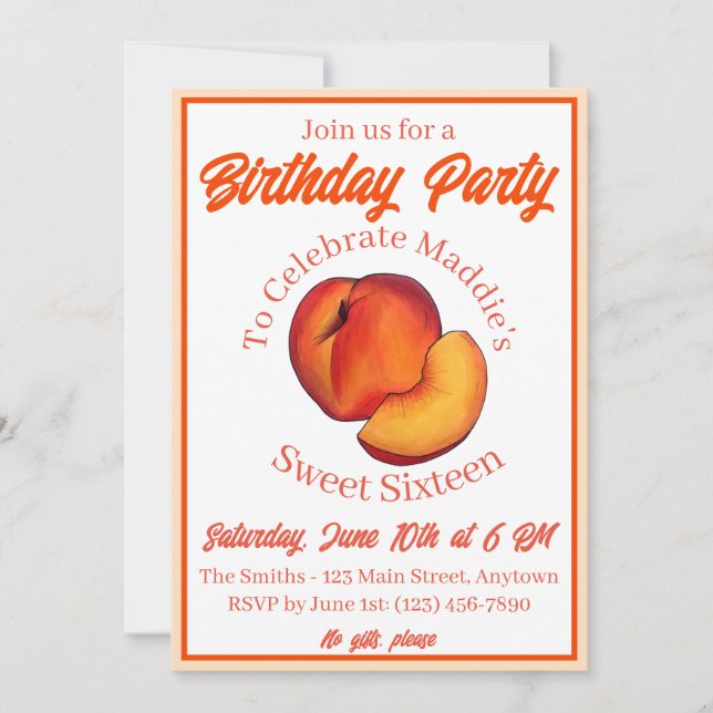 Invitación Dulce como una Peach Dieciséis 16 decimosexto cump (Anverso)