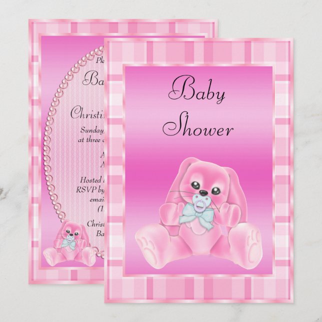 Invitación Dulce conejito de orejas caídas suave rosa para ba (Anverso / Reverso)