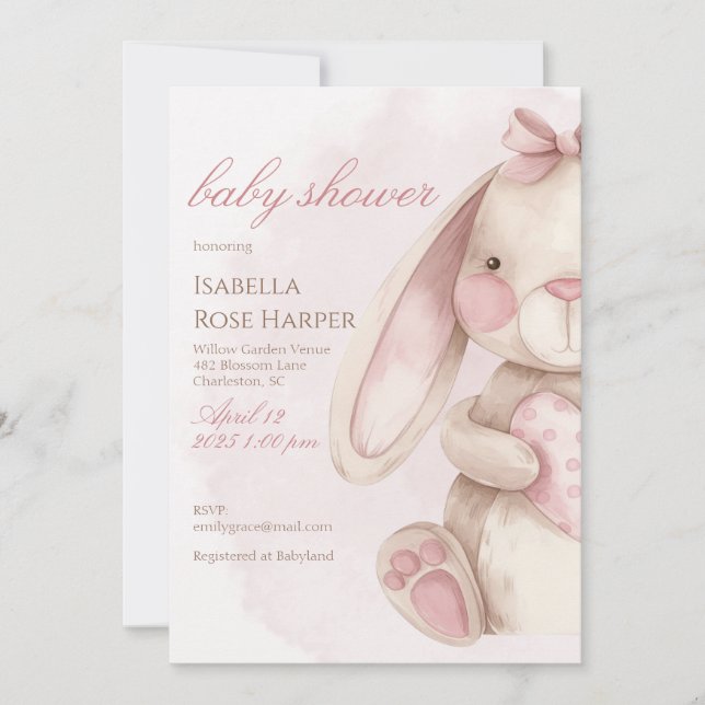 Invitación Dulce conejo acuarela rosa baby shower (Anverso)