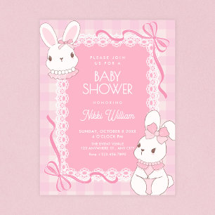 Invitación Dulce conejo con lazo rosa para baby shower
