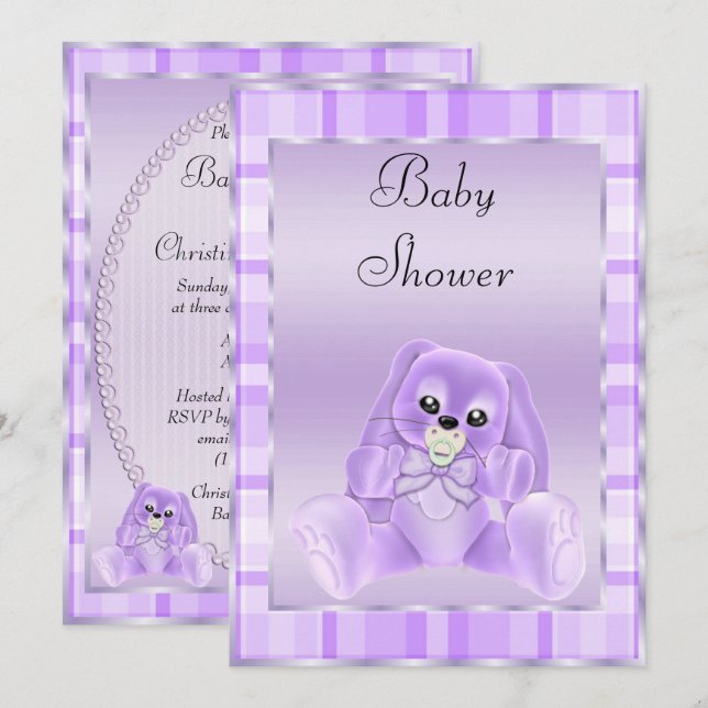 Invitación Dulce Conejo de Oídos Caídos de Lilac Suave Baby S (Anverso / Reverso)