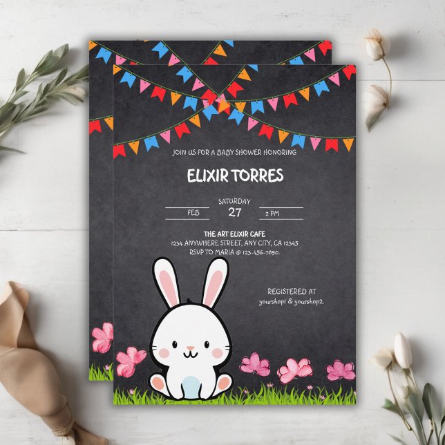 Invitación Dulce Conejo de Pizarra Blanca Baby Shower (Subido por el creador)