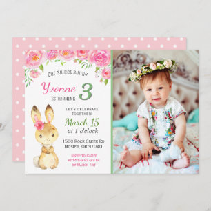 Invitación Dulce conejo floral Chica rosado cumpleaños foto