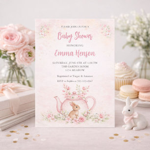 Invitación Dulce conejo y tetera floral Baby Shower 