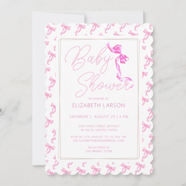 Invitación Dulce Coquette Pink Bow Tie Elegant Baby Shower (Anverso)