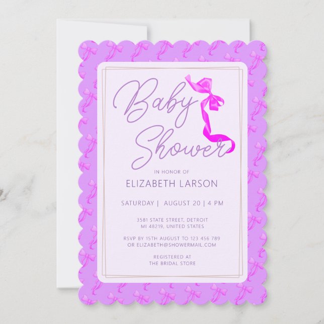 Invitación Dulce Coquette Purple Bow Tie Elegant Baby Shower (Anverso)