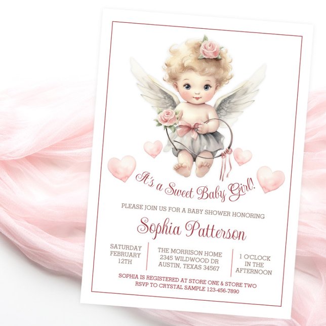 Invitación Dulce corazón boho valentín cherub baby shower (Sweet angel cherub baby shower invitation.)