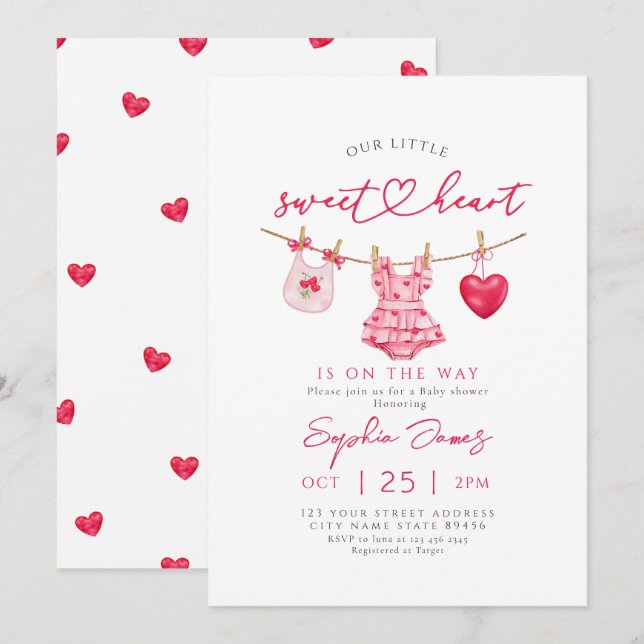 Invitación Dulce Corazón Cumpleaños de Bebé Baño (Anverso / Reverso)